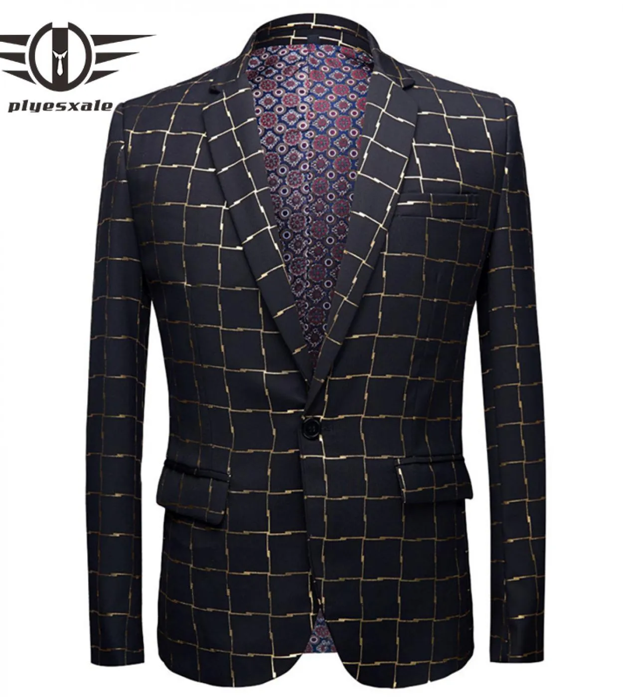 Plyesxale Elegante giacca blazer scozzese in oro nero Blazer casual autunno per uomo Blazer cantante da palcoscenico Masculino S