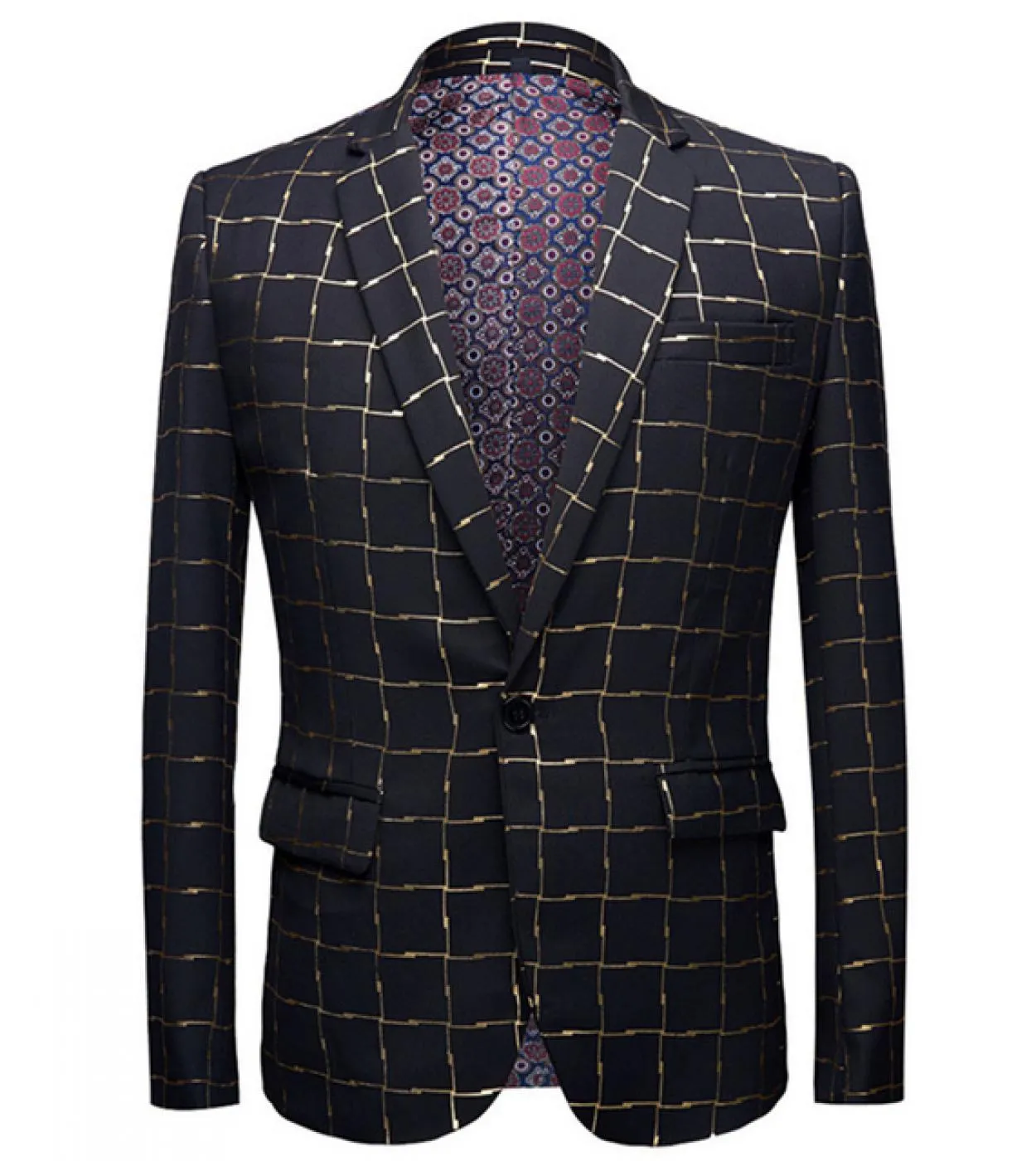Plyesxale Elegante giacca blazer scozzese in oro nero Blazer casual autunno per uomo Blazer cantante da palcoscenico Masculino S