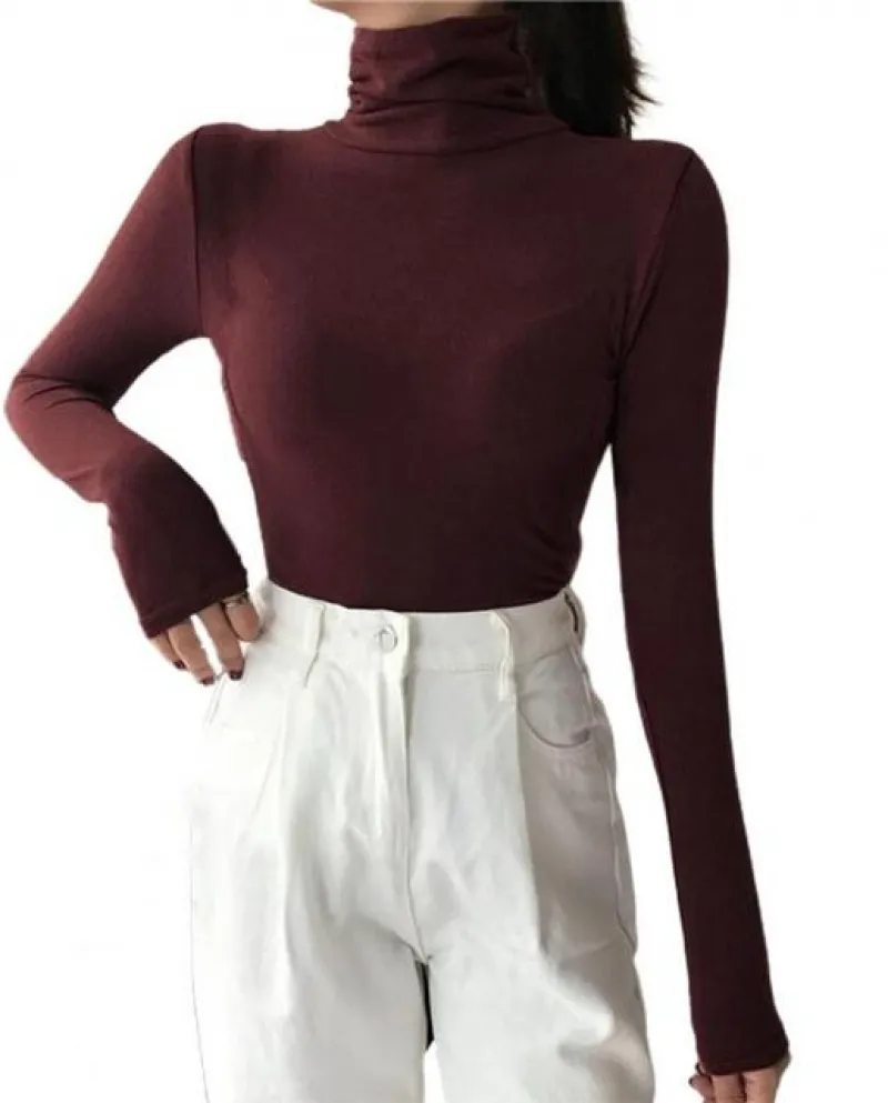 Pullover Top Slim Fit Termico Camicetta Donna Tinta Unita Dolcevita Lon
