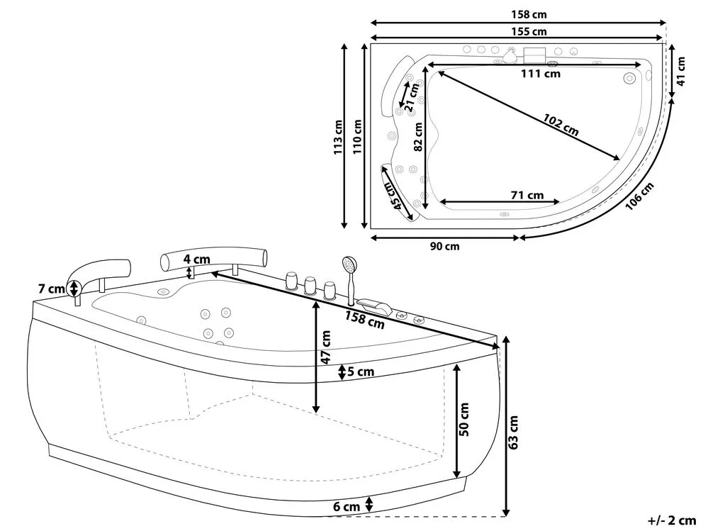 Right Hand Whirlpool Corner Bath with LED 1580 x 1130 mm Black PARADISO