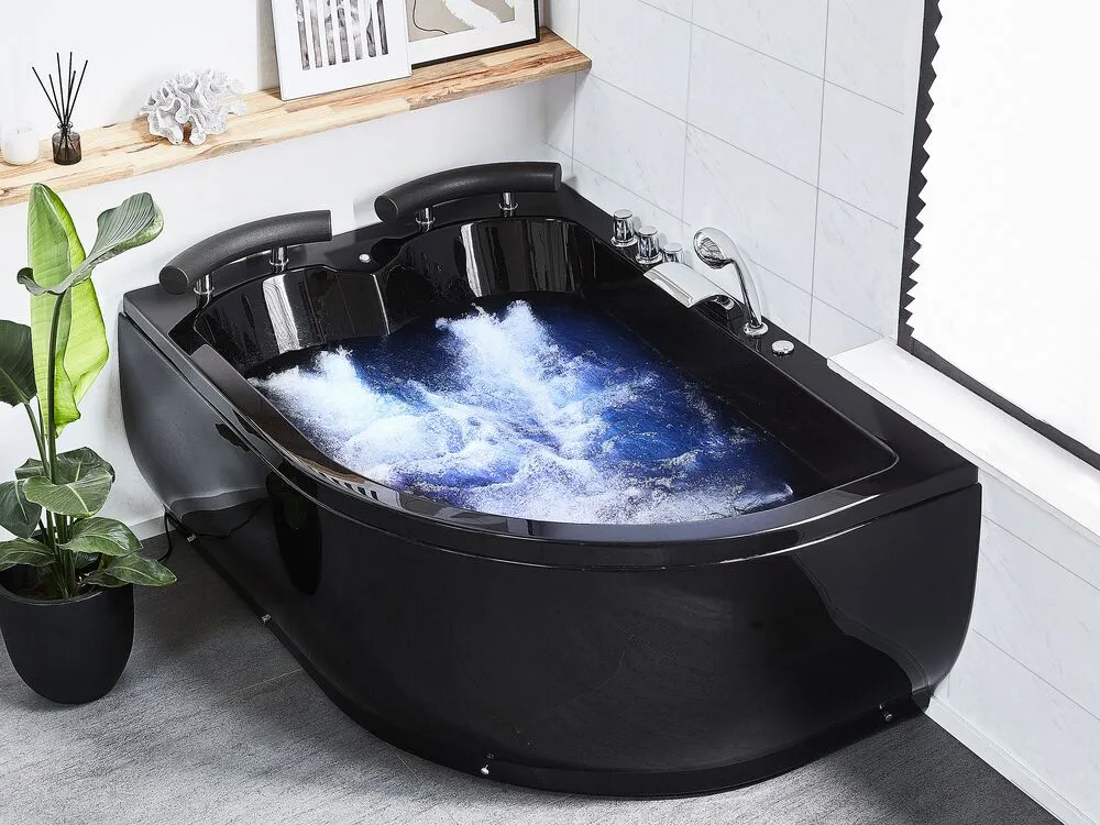 Right Hand Whirlpool Corner Bath with LED 1580 x 1130 mm Black PARADISO