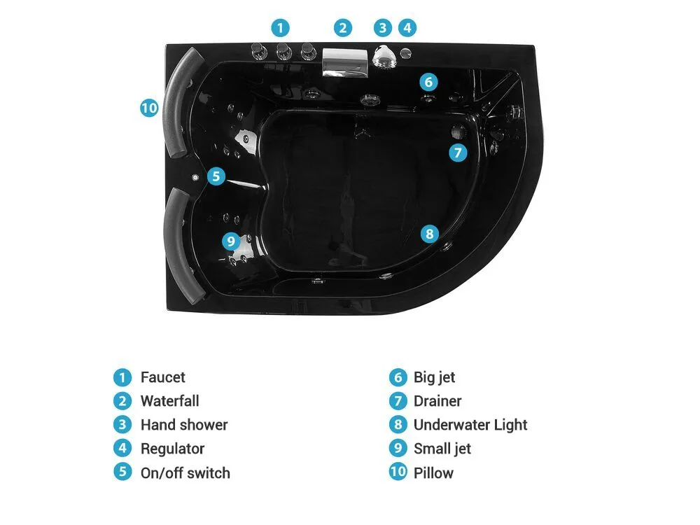 Right Hand Whirlpool Corner Bath with LED 1580 x 1130 mm Black PARADISO