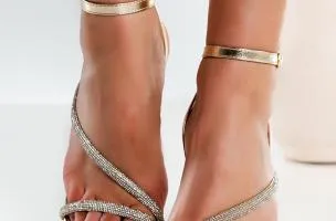 Sandali con tacco alto e strass, oro
