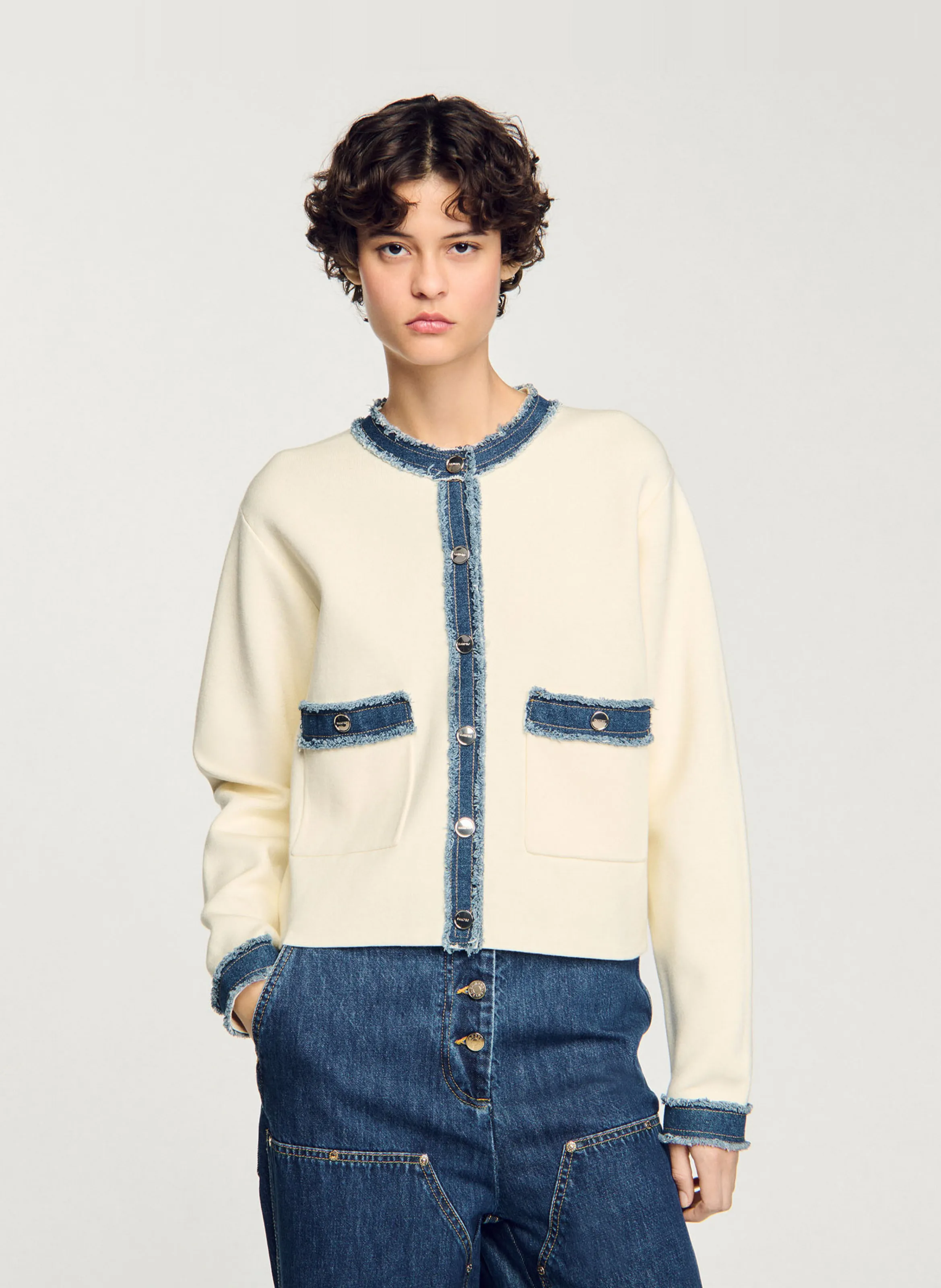  SANDRO   Cardigan con dettagli in denim di cotone | Bianco