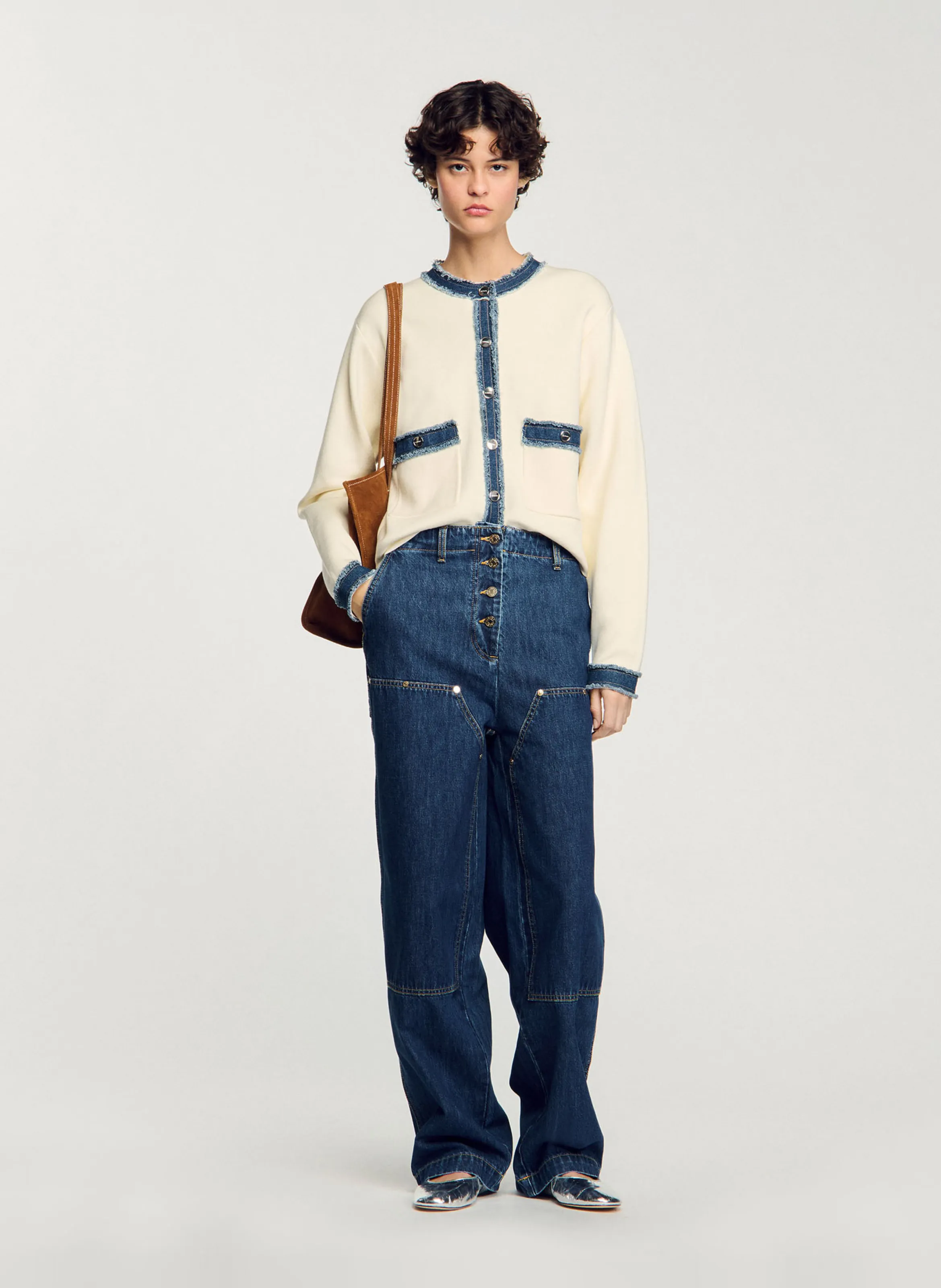  SANDRO   Cardigan con dettagli in denim di cotone | Bianco