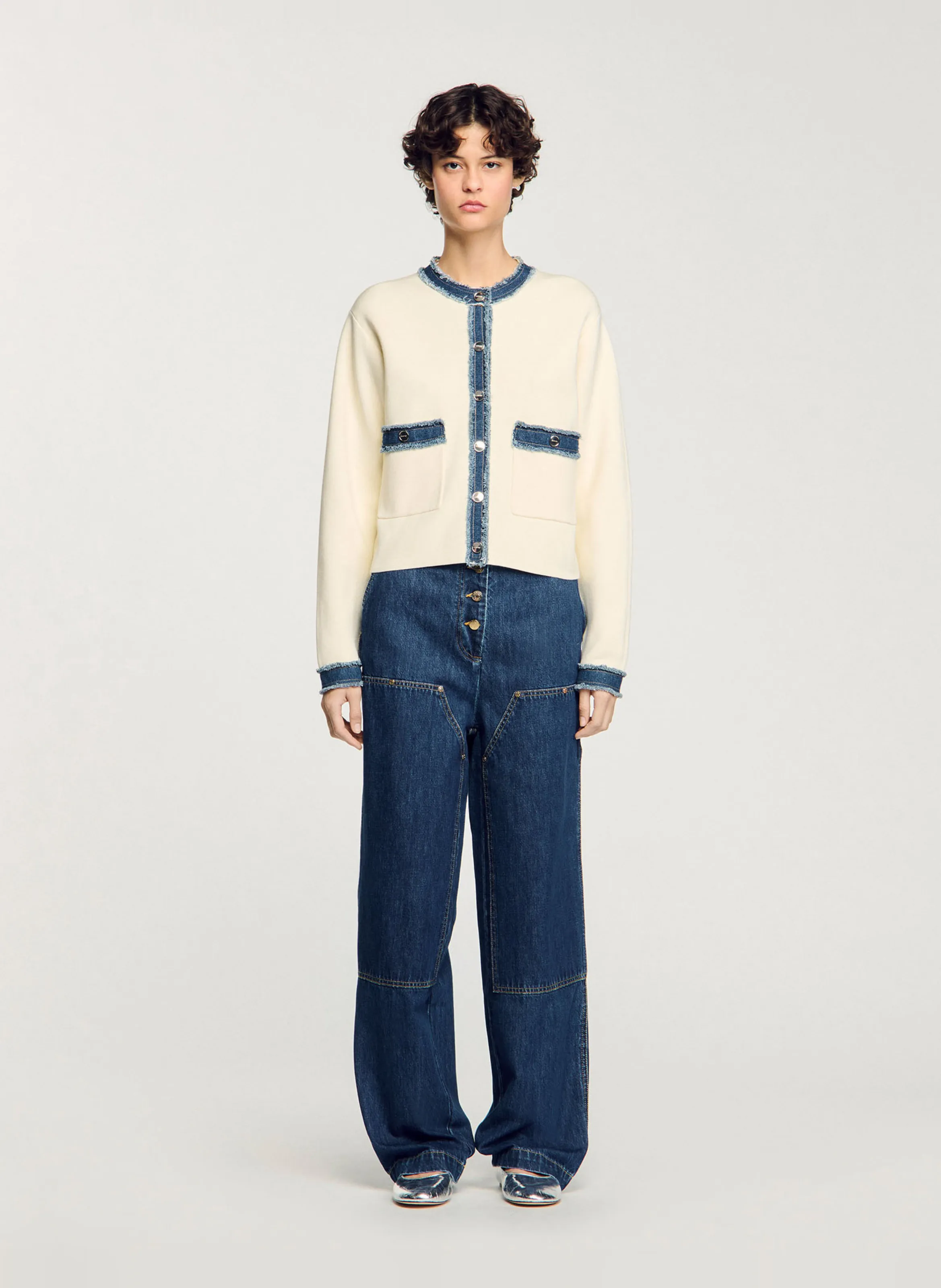  SANDRO   Cardigan con dettagli in denim di cotone | Bianco