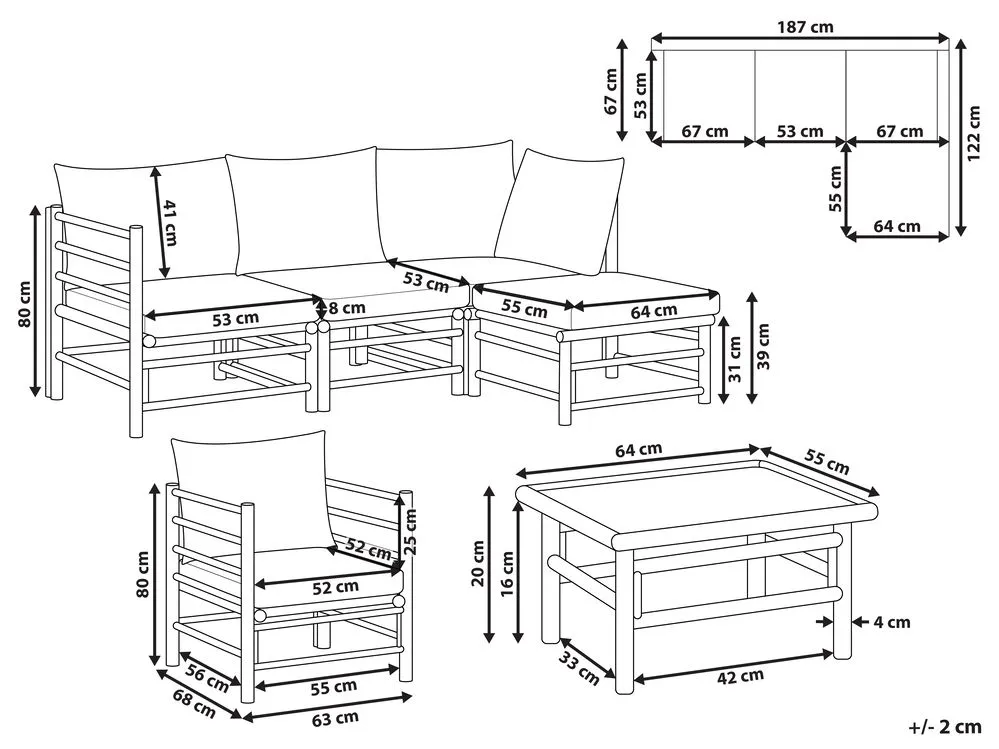 Set da giardino con tavolo 5 posti CERRETO Lato Sinistro Legno di bambù Tortora