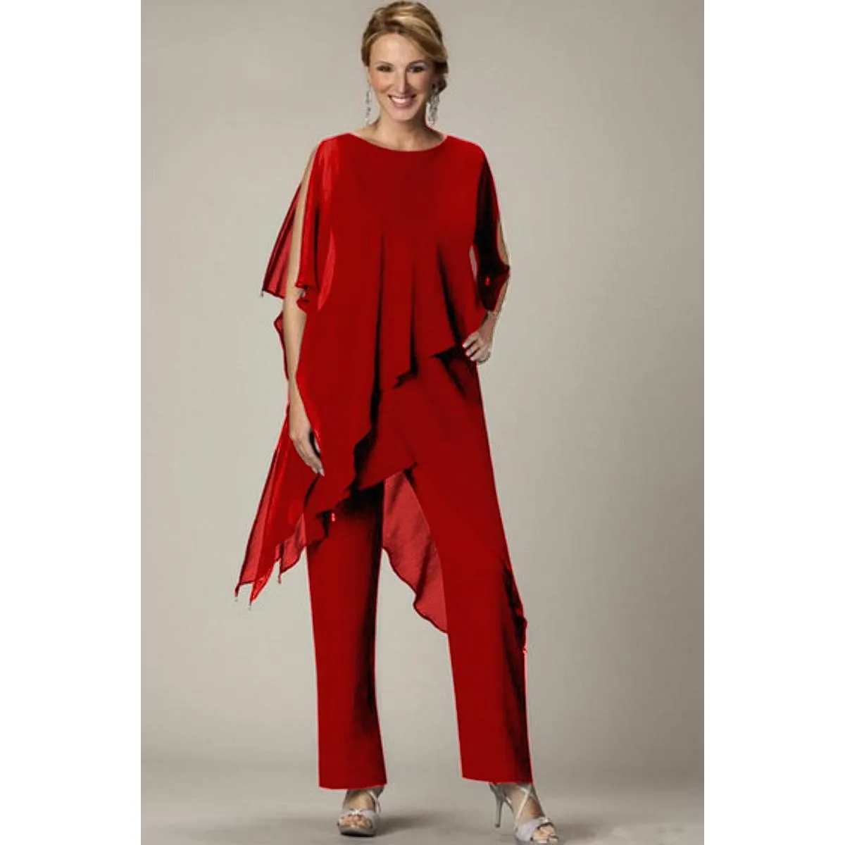 Set di elegante tunica trasparente e pantaloni lunghi Claudette, rosso