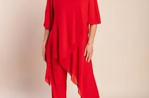Set di elegante tunica trasparente e pantaloni lunghi Claudette, rosso