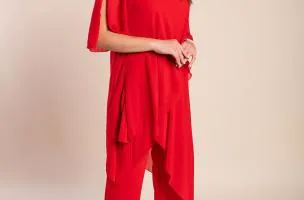 Set di elegante tunica trasparente e pantaloni lunghi Claudette, rosso