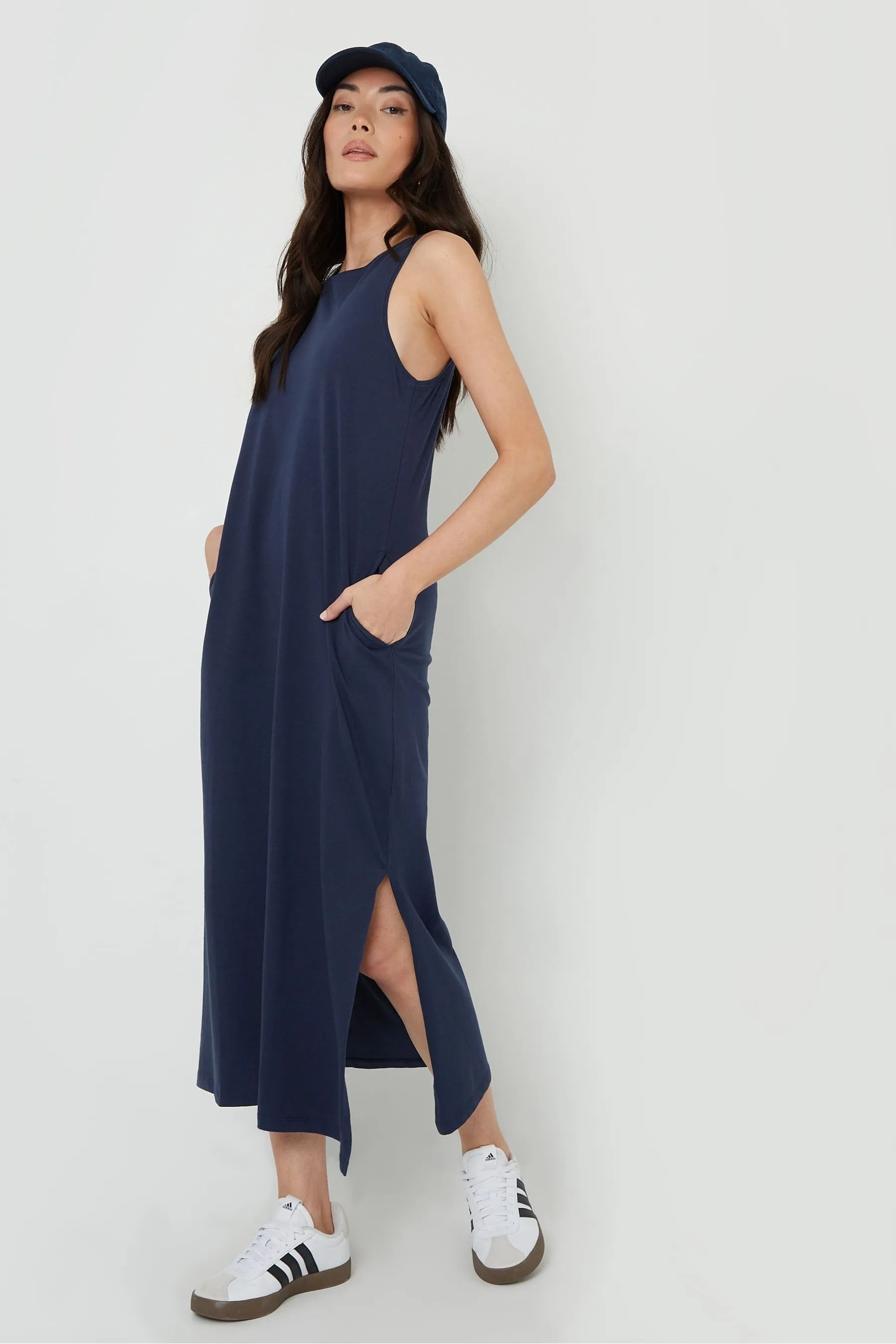 Threadbare Sleeveless Jersey Midi 100% Cotton Dress With Pockets    