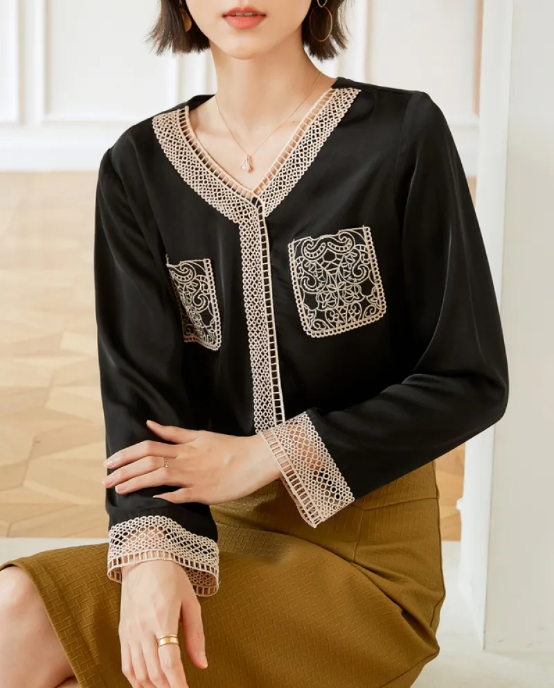 Top a maniche lunghe con scollo a V in stile pendolare con tasca in chiffon di pizzo abbinato al colore della tasca del nuovo pr
