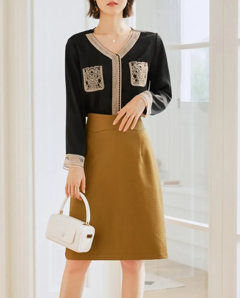 Top a maniche lunghe con scollo a V in stile pendolare con tasca in chiffon di pizzo abbinato al colore della tasca del nuovo pr