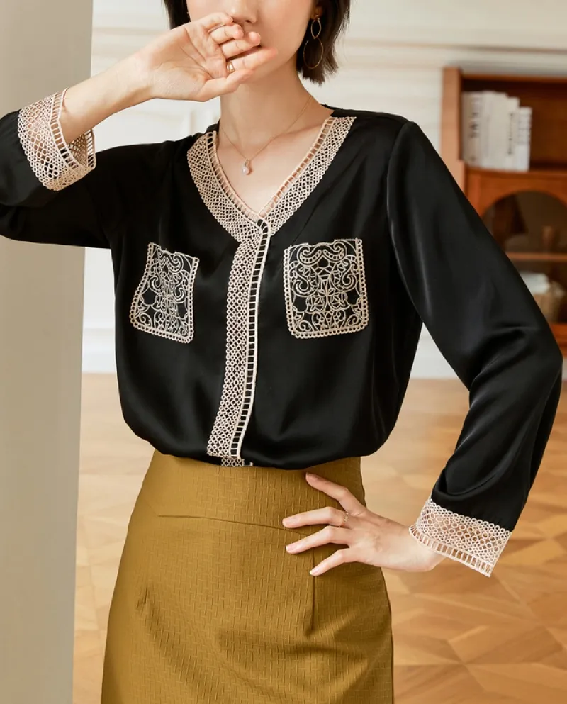 Top a maniche lunghe con scollo a V in stile pendolare con tasca in chiffon di pizzo abbinato al colore della tasca del nuovo pr