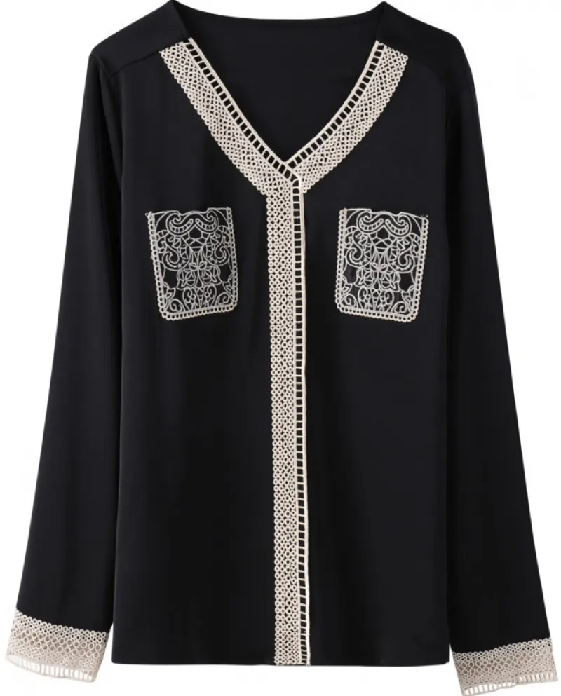 Top a maniche lunghe con scollo a V in stile pendolare con tasca in chiffon di pizzo abbinato al colore della tasca del nuovo pr
