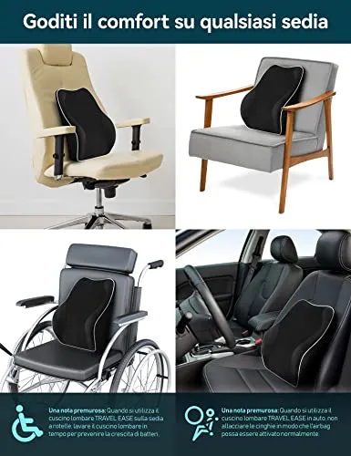 Travel Ease Cuscino Lombare Ergonomico, Supporto per la Schiena in Schiuma di Memoria per Seggiolino Auto Sedia da Ufficio, Schi